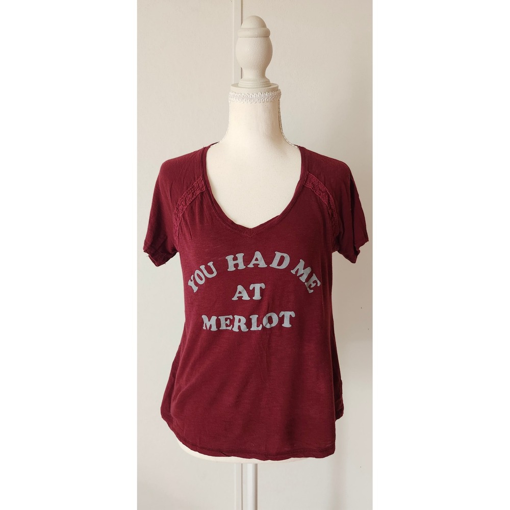 PJ Salvage Womens You Had Me At Merlot Graphic Tee Burgundy Lace Trim Size M